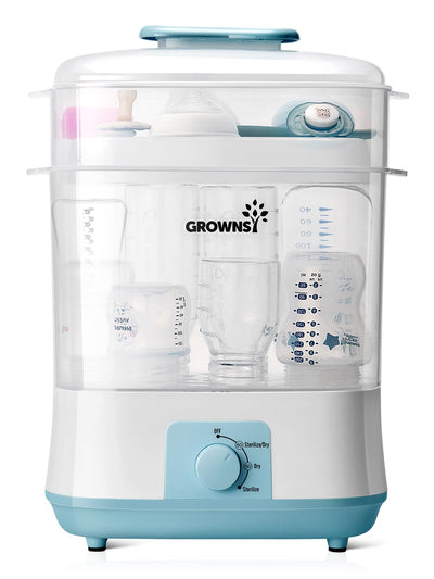 Growsi baby bottle sterilizer with clear containers on a white background