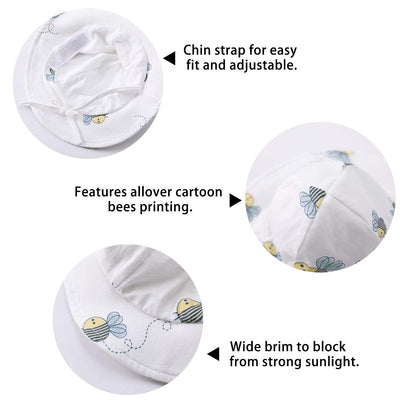 pureborn Newborn Unisex Baby Cotton Sun Hat Wide Brims with Straps Bucket Hat Cartoon Bees 0-3 Months