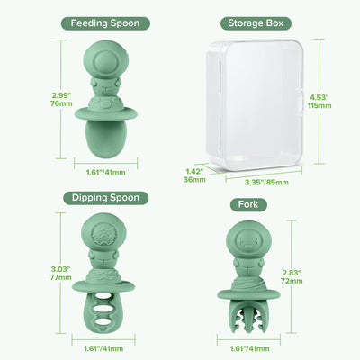 Green baby feeding utensils with measurements on a white background