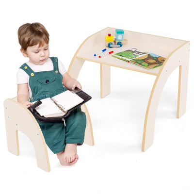 Costzon Kids Table and Chairs, Montessori Weaning Wooden Desk and Chair w/Wide Tabletop, Curved Edges, Space-Saving Design for Kids' Room, Nursery and Playroom, Toddler Table and Chair Set (Beige)