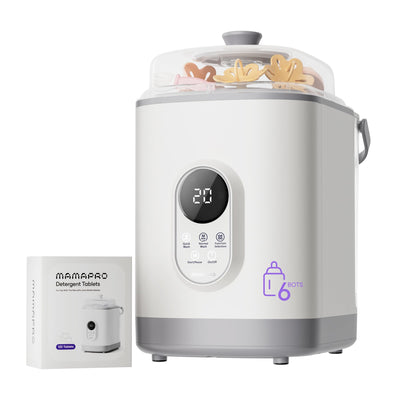 White and gray sterilizer with digital display and MAMAPRO detergent tablets on a white background