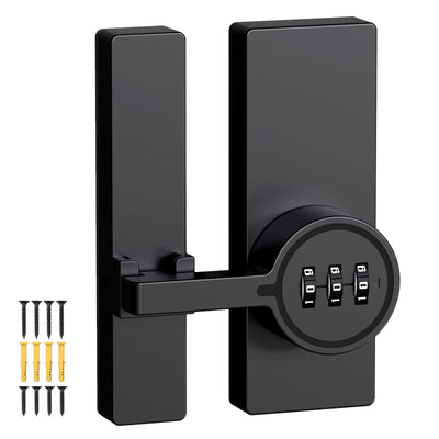 YogePote Keyless Password Barn Door Lock, 180 Degree Adhesive Cabinet Lock with 3-Digit Combination, Sliding Flip Door Latch with Glue and Screws for Gate, Closet, Shed, Pantry, Bedroom (Black-1pc)