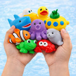 15 PCS Ocean Animals Rubber Bath Toy Water Squirters with Floating Bathtub Squeeze and Play Soft Sea Creatures anf Fishing Net for Baby, Toddlers and Kids