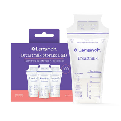 Lansinoh Breastmilk Storage Bags packaging with a single bag on a white background