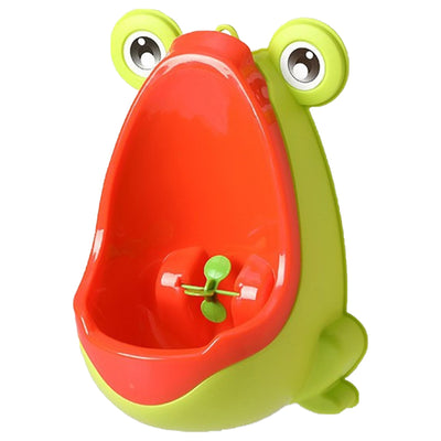 Frog-shaped children's potty with red interior and green exterior on a white background