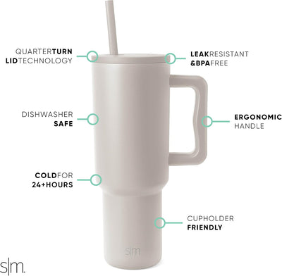 Simple Modern 40 oz Trek Tumbler with Handle and Straw Lid | Cup Holder Friendly Insulated Stainless Steel Travel Mug | Almond Birch