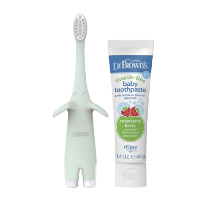 Dr. Brown’s Infant-to-Toddler Training Toothbrush Set, Mint Elephant with Fluoride-Free Strawberry Baby Toothpaste, 0-3 years