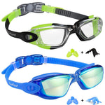 EverSport Kids Swim Goggles, Pack of 2 Swimming Goggles for Children Teens, Portable Anti-Fog Anti-UV Youth Swim Glasses Leak Proof for Age4-16, Green/Black & Mirrored Blue