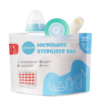 GEMDOM Microwave Sterilizer Bag with baby bottle and accessories on a white background