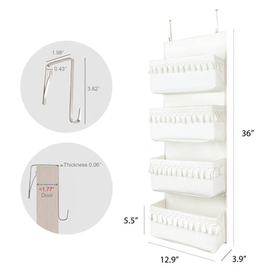 Dahey Over The Door Organizer Boho Nursery Storage Decor Closet Hanging Organizer with Tassels Decoration for Bedroom Nursery Bathroom Apartments Dorm Pantry, 4 Pockets, White