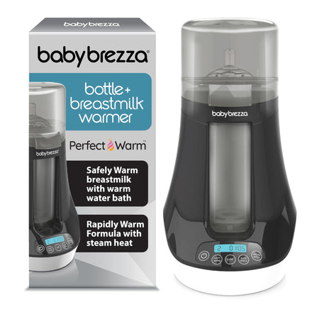 Babybrezza bottle and breastmilk warmer with packaging on a white background