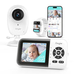 Simyke baby monitor system with camera, display, and smartphone app on a white background