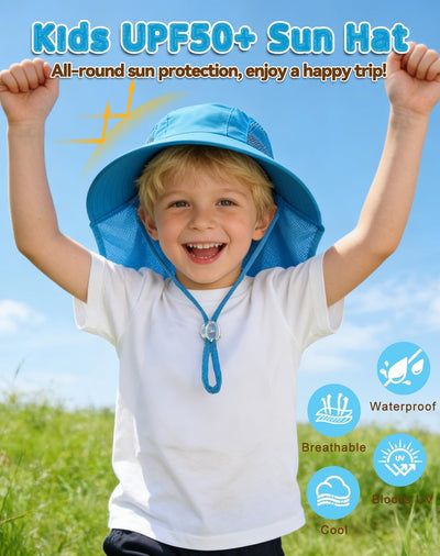 Rosoz Kids Sun Hat with Neck Flap UV Protection Summer Toddler Beach Hat Unisex Ponytail Hat Wide Brim Fishing Hat-Blue
