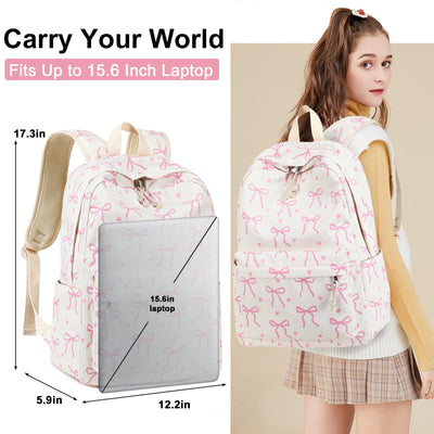 LOIDOU Backpack for Girls School Backpacks Bookbags for Elementary Middle School Women Laptop Backpacks (Bow tie Beige, L-17)