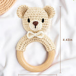Wooden Baby Rattle, Handmade Crochet Stuffed Animal Organic Rattle Toys, Beige Bear Rattles for Babies 0-6-12 Months with Wood Teething Rings, Baby Announcements Ideas