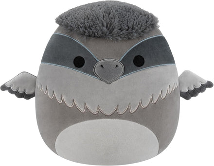 Plush toy resembling a bird with gray and black color scheme on a white background