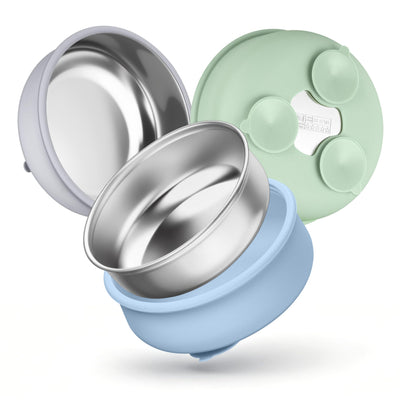 HaWare Baby Bowls with Suction, Stainless Steel Toddler Bowl with Removable Silicone Sleeve, Non-Slip Child Food Bowl with Silicone Suction, Unbreakable Kids Bowls for Feeding, Blue+Green+Grey, 3 Pack