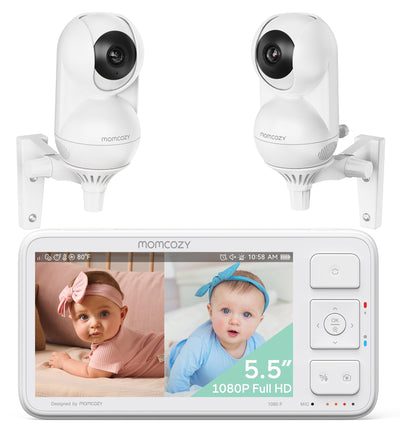 Baby monitor system with two cameras and a display screen showing a baby.