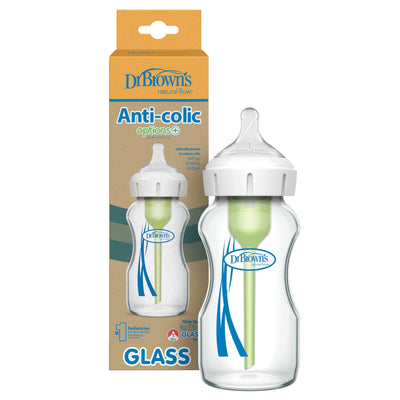 Dr. Brown's glass baby bottle with packaging on a white background