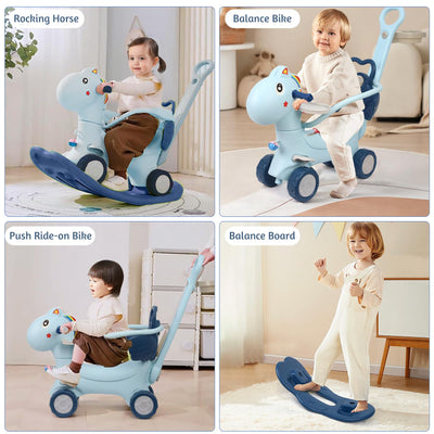 Ancaixin 4 in 1 Rocking Horse Ages 1-3, Baby Rocking Toy Birthday Gift for Toddlers 1-3 Years Old, Balance Bike Ride On Toys with Push Handle, Backrest and Balance Board for Baby Girl and Boy, Blue