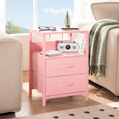 Yoobure Nightstand with Charging Station, Small Night Stand with Fabric Drawers and Storage Shelf for Bedrooms, Nightstands for Small Spaces, Bedside Table with USB Ports & Outlets Bed Side Table