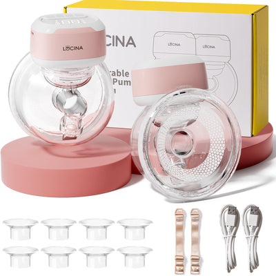Pink and clear Locina portable pump set with accessories on a white background