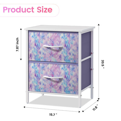 Stero Nightstand, Kids Dresser with 2 Drawers, Steel Frame Bedside Furniture, Wood Top Fabric Night Stand, Colorful End Table for Home, Bedroom, Office, Tie-dye Purple
