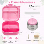 Pawtong Bento Lunch Box with Thermo, 4-Compartment Bento Box with Adjustable Dividers, Leakproof Dinosaur Lunch Box with 14.2OZ Insulated Food Jar & Sauce Jar, for School Office Travel(Pink)