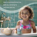 Ginbear Silicone Play Kitchen Tea Set with Washable Cloth Napkin for Toddlers & Kids 1-3, Non-Toxic Unbreakable Baby Bath Toys for Children 12 Months+ (Beige, Blue, Green, Rosy)