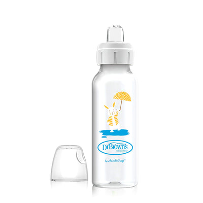 Clear baby bottle with cartoon design and 'Dr. Brown's' branding on a white background