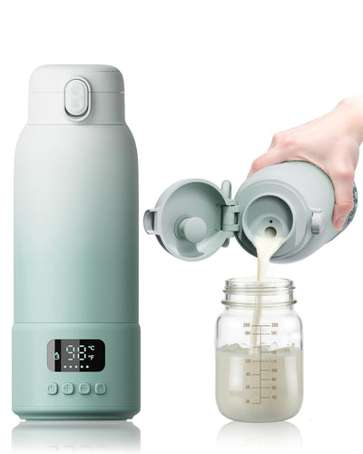 Mint green thermos with digital display pouring milk into a glass jar on a white background