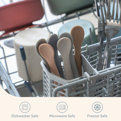 Set of wooden spoons in a dishwasher rack with safety icons below.
