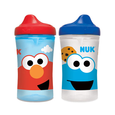 Two children's sippy cups with Sesame Street characters on a white background