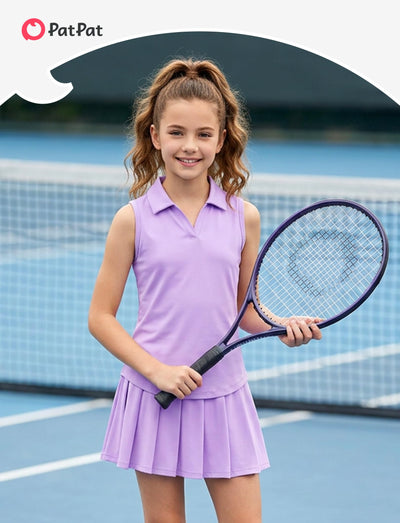 PATPAT Girls Tennis Outfits Size 9-10, Purple Sleeveless Polo Shirts + Pleated Skort with Built in Shorts 2 Piece Outfits Girl Summer Clothes Workout Outfit Kids Activewear Sets