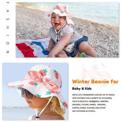 Baby Girl Sun Hat with UPF 50+ Outdoor Adjustable Beach Hat with Wide Brim Bucket Hats (12-24 Months, Strawberry -Pink)