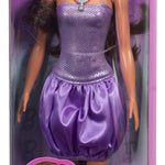 Barbie Fashionistas Doll #234 with Brown Hair, Wearing Sequined Purple Bubble Dress with Satiny Skirt, Silvery Necklace and Heels