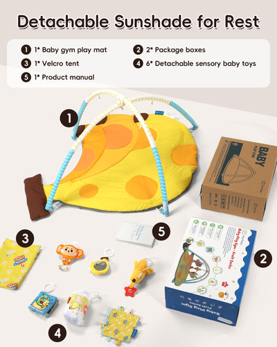 Heypappy Tummy Time Mat, 9-in-1 Banana Baby Play Gym Mat, Oversize Baby Play Activity Mats with Sunshade & 6 Detachable Sensory Toys, Washable Non-Slip Mat for Newborn Infant Baby Essentials Gift