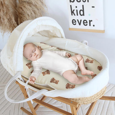 LifeTree Muslin Bassinet Sheets Unisex, Soft Breathable Fitted Baby Bassinet Sheets, 1 Pack for Standard Bassinet for Baby Boys Girls, 70% Viscose from Bamboo + 30% Cotton, Bear Pattern, 32" x 16"