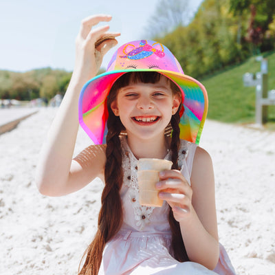 Sun Hat for Kids UV Protection Unicorn Summer, Beach Play Ponytail Hat Wide Brim Neck Flap for Girls 2-9 Years