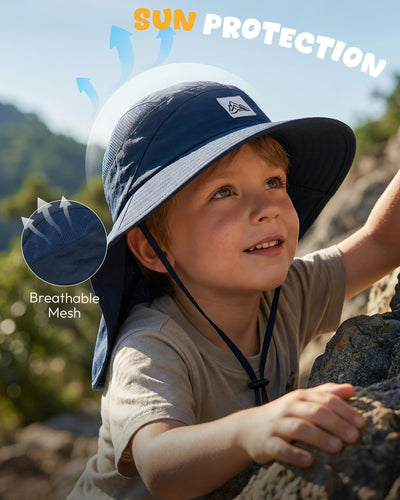 Kids Sun Hat with Neck Flap, UPF 50+, Quick Dry Beach Hat for Baby Boys Girls (US, Age, 2 Years, 8 Years, Light Gray+Navy Blue)