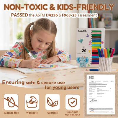 Lexio Washable Markers For Kids, 20 Vibrant Coloring, Washable Non Toxic Markers for Toddlers, Conical Tip, Easy Clean Coloring Book Marker Set for Kids Toddlers Adults Students, 20 Pcs