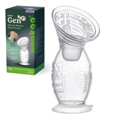 Haakaa silicone manual breast pump with packaging on a white background