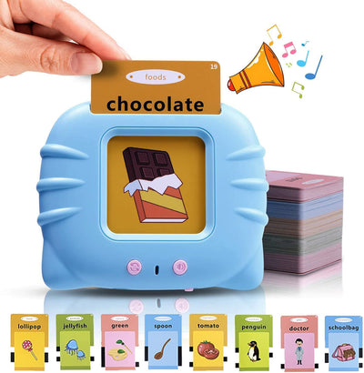 Educational toy with card labeled 'chocolate' and other cards in the background