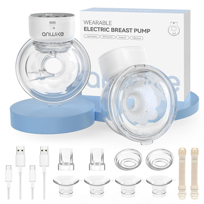 Wearable electric breast pump with accessories and packaging on a white background