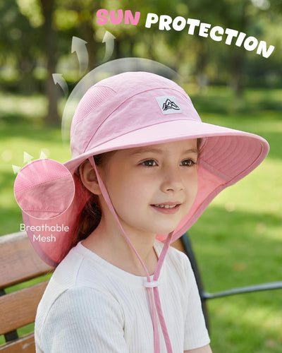 Kids Sun Hat with Neck Flap, UPF 50+, Quick Dry Beach Hat for Baby Boys Girls (US, Age, 2 Years, 8 Years, Pink+White)