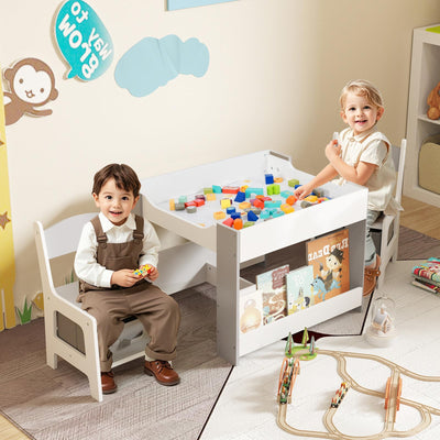 Costzon Kids Table and Chairs, 4 in 1 Wooden Activity Desk Set w/Reversible Tabletop, Bookshelves & Storage Drawers for Drawing, Reading, Crafts, Playing, Toddler Table and Chair Set (Gray)