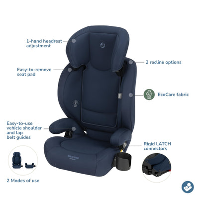 Maxi-Cosi RodiSport Kids Booster Car Seat, High-Back, Backless Booster, 7-Position Headrest, Easy Latch System, Reclining Chair, Belt Guide, Fits 40-100 lbs, 43.4-57 in, Seafaring