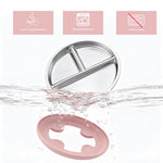 Bakpoco Stainless Steel Baby Plate with Suction, 9” Divided Toddler Plates with Removable Silicone Sleeves for Kids, Non-Toxic Non-Slip Unbreakable Dishwasher Safe Dinnerware Set of 2, Pink & Beige