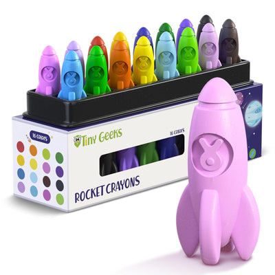 TinyGeeks 16 Rocket Crayons - Non Toxic, Washable - For Toddlers, Kids Ages 4-8 - Easy To Hold, Baby's Crayons For Toddlers 3-10 Years