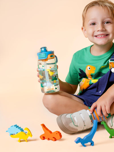 Ello Kids Pop & Fill 16oz Tritan Plastic Water Bottle with Quick Fill Technology, Leak Proof Locking Lid, Sip & Chug, BPA Free, Dishwasher Safe, For School, Lunchboxes, Dino